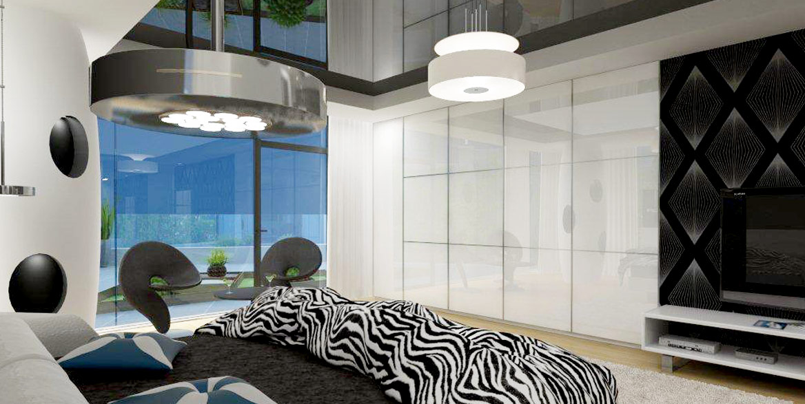 Schlafzimmer mit schwarzer Hochglanz Lackspanndecke
