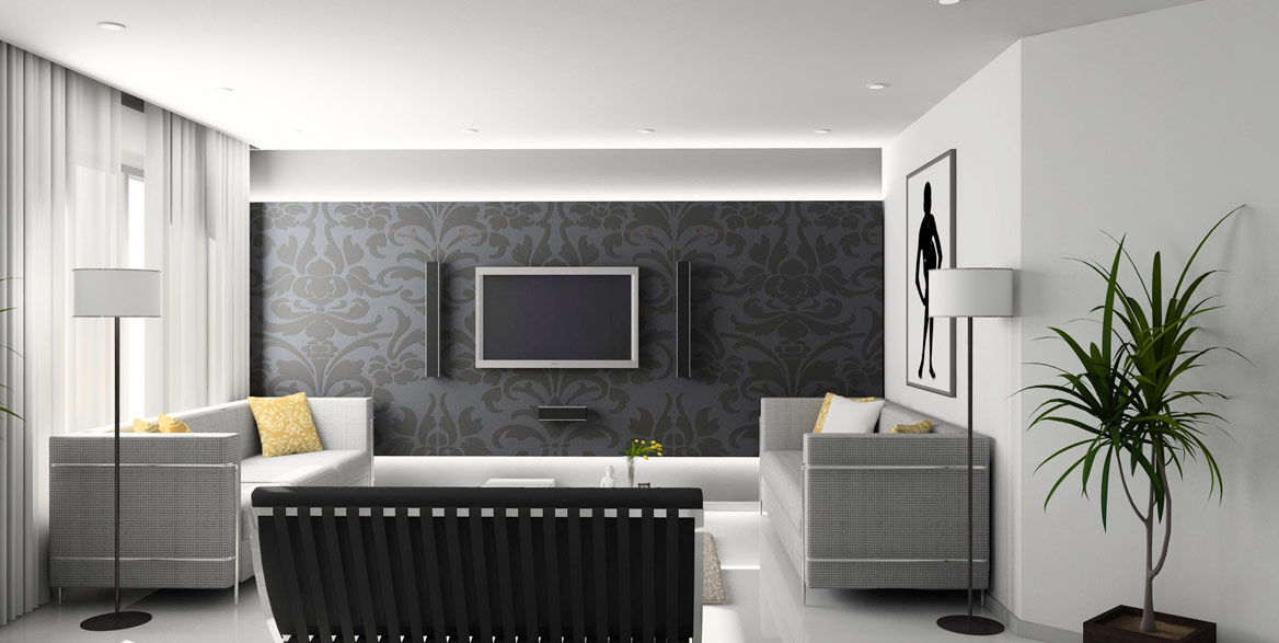 Modernes Wohnzimmer mit Spanndecke und integrierter Beleuchtung